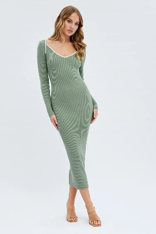 Elevate your look with premium women’s wear   Green Midi Dress Long Sleeve Sweetheart Contrast Bind