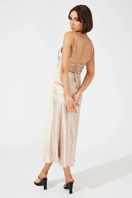 Elevate your style with fashionable women’s clothing   Beige Midi Dress Sleeveless Cowl Neck Satin Slip Lace