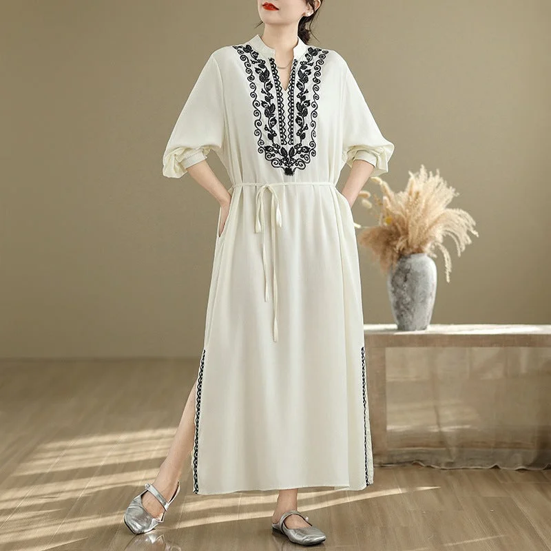 Curated collections of sophisticated women’s wear   Babakud Women Spring Vintage Ethnic Embroidered Linen Maxi Dress