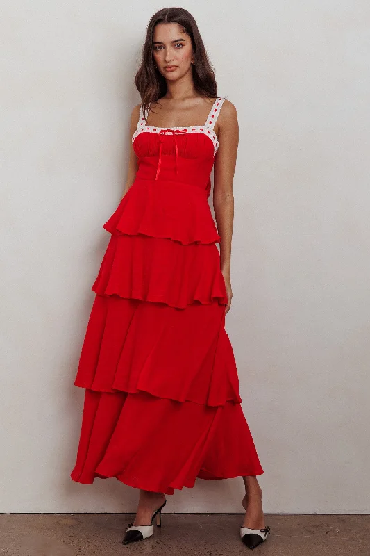 Elegant and comfortable women’s fashion wear   Provence Bloom Tiered Ruffle Maxi Dress Red