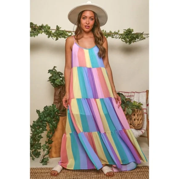 Comfortable yet stylish outfits for women on the go   Rainbow Colorful Multi Color Bright Striped Tiered Tie Shoulder Maxi Dress