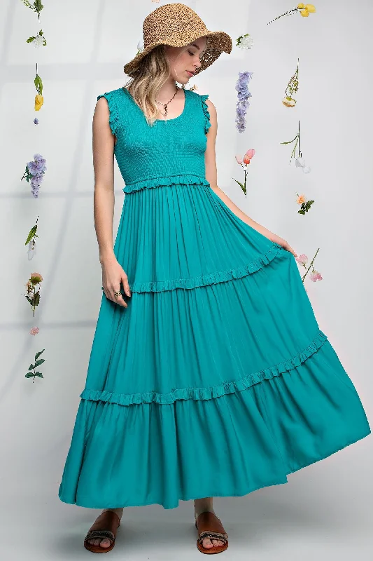 Chic for every occasion and style   Turquoise Smocked Ruffle Tier Maxi Dress