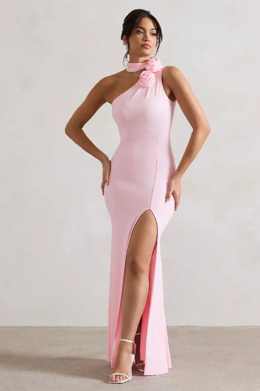 Uncover unique pieces for your perfect wardrobe   In Suspense | Pink One Shoulder Halter-Neck Split Maxi Dress With Flower