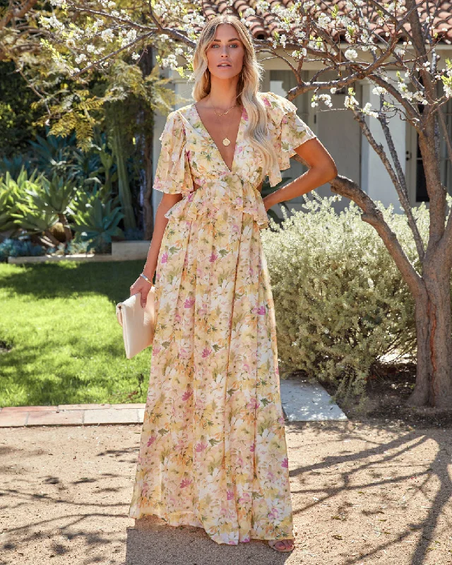 KittenAlarm - Sanae Floral Ruffle Cutout Maxi Dress - Pale Yellow