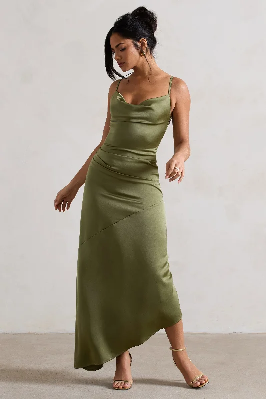 Timeless clothing pieces every woman should own   Santi | Olive Green Satin Cowl-Neck Asymmetric Maxi Dress