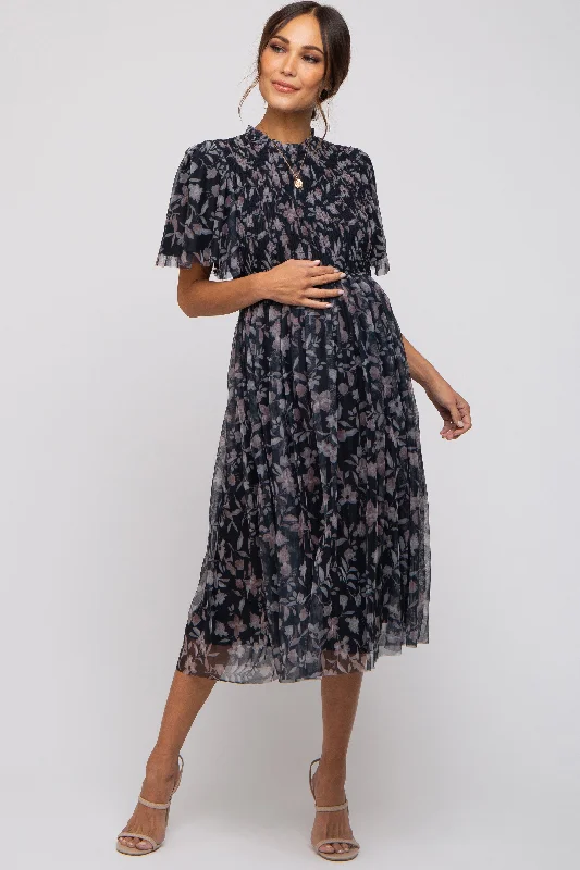 Designer-inspired women’s fashion at affordable prices   Black Floral Smocked Mesh Knit Maternity Midi Dress