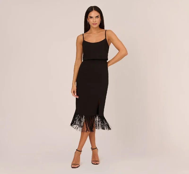 Women’s clothing that fits your personality and style   Crepe Popover Midi Dress With Fringe Trim In Black