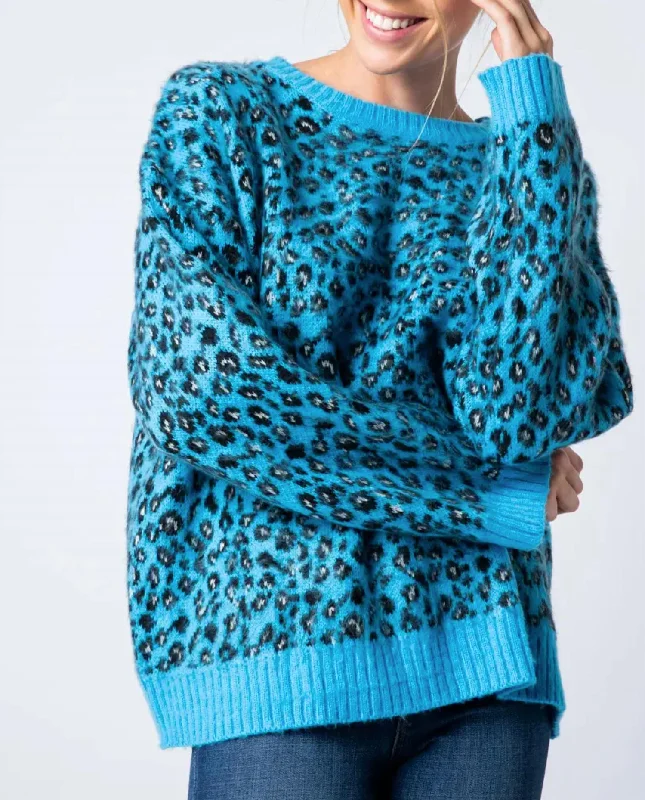 Designer-inspired women’s fashion at affordable prices   Leopard Mohair Crewneck Sweater In Blue