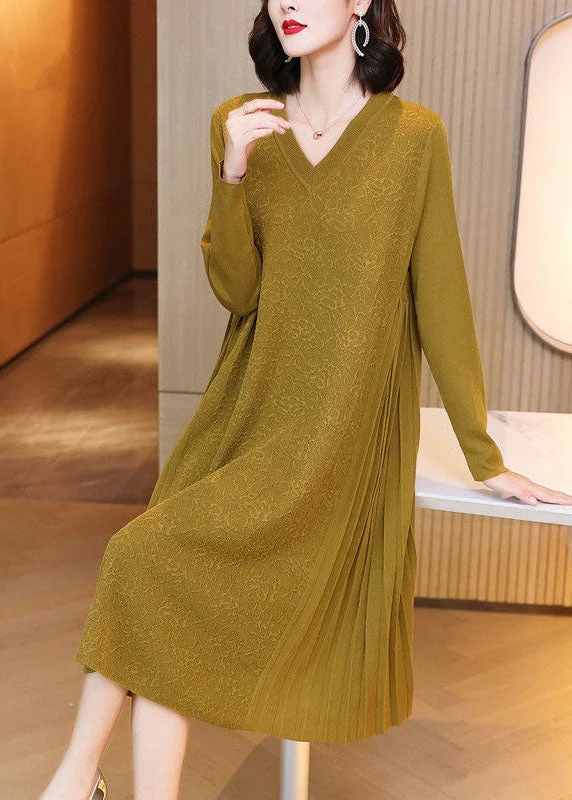 Loose Yellow V Neck Patchwork Wrinkled Jacquard Knit Maxi Dresses Spring